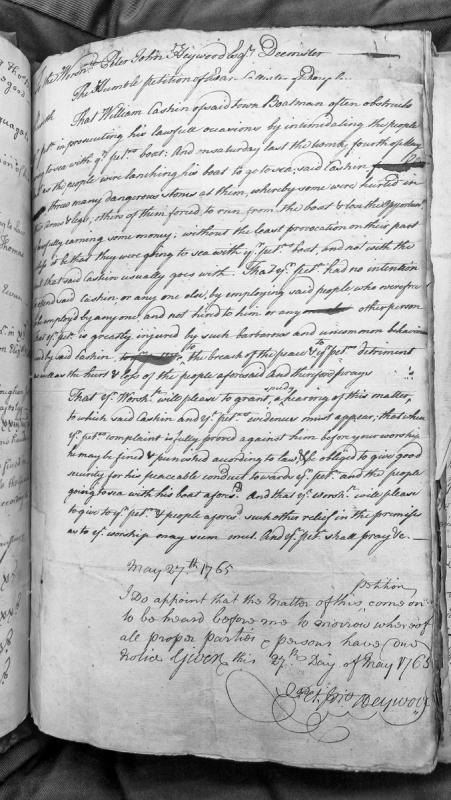 Petition against William Cashin for obstructing boatman's business and assault