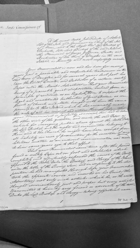 Memorial of George Jefferson, Printer, to the Duke of Atholl and Bishop of Rochester