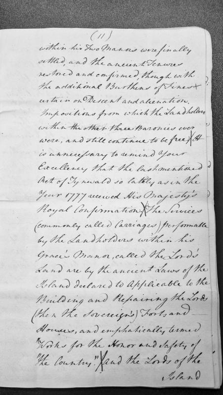 Discussion of manorial tenures and services in Isle of Man, referencing 1777 Act of Tynwald