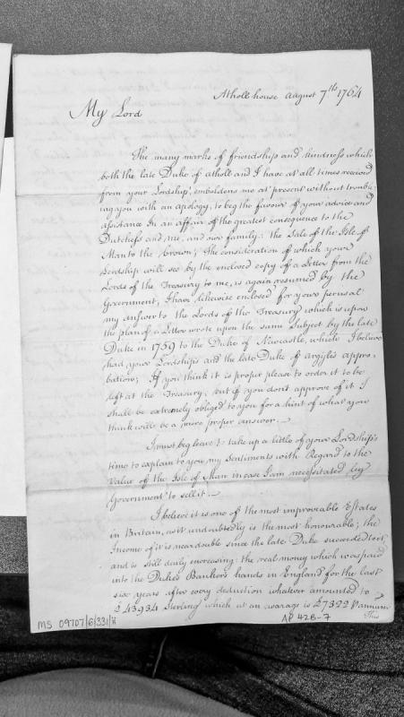 Letter regarding sale of Isle of Man to the Crown and valuation