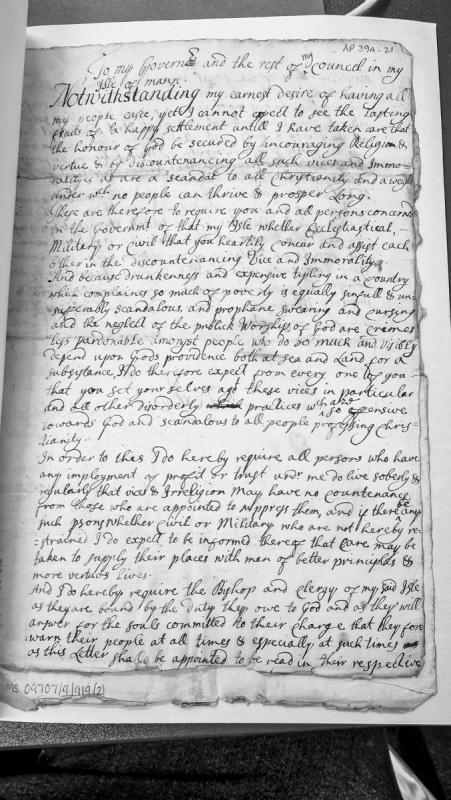 Letter to Isle of Man Governor and Council on encouraging virtue and discountenancing vice