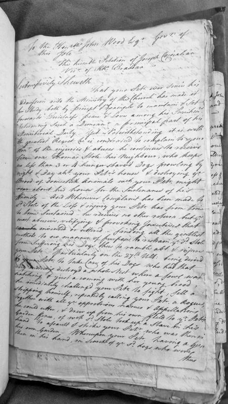 Petition of Joseph Corjeahan, Vicar of Braddan, against Thomas Stole's dogs and abusive behaviour