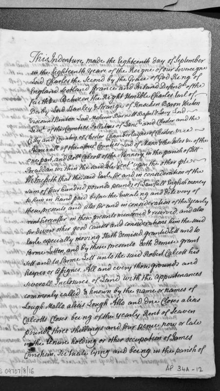 Lease indenture from Charles, Earl of Derby to Robert Calcott for lands in Isle of Man