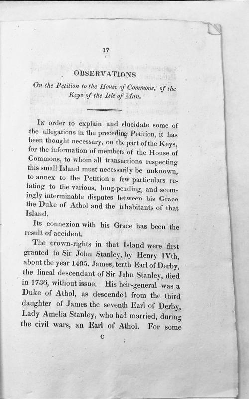 Observations on the House of Keys petition regarding disputes with the Duke of Athol