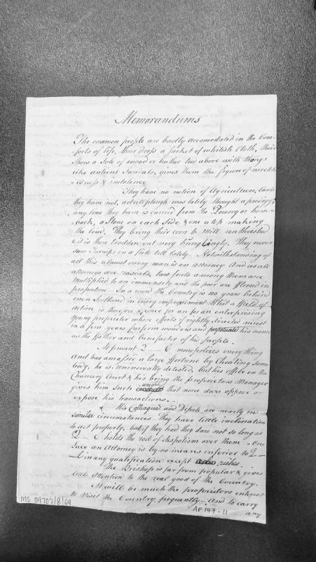 Memorandums on Isle of Man conditions, agriculture, legal system, and key figures