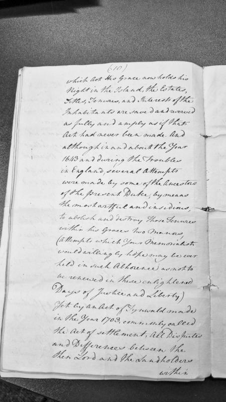 Memorial regarding tenures and estates in the Duke's manors, referencing the Act of Settlement 1703