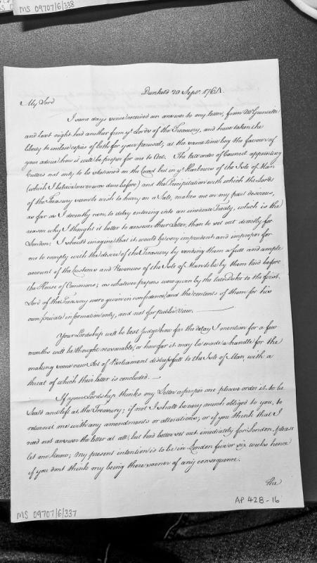 Letter regarding customs revenues and treasury negotiations for Isle of Man