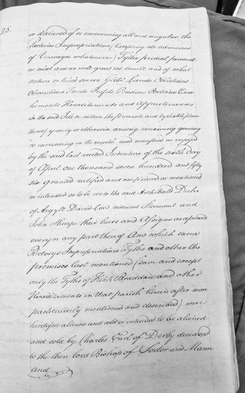 Legal document concerning rectories, impropriations, tithes and church properties in Isle of Man