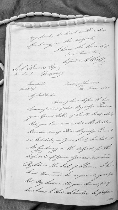 Treasury acknowledgment of Duke's nomination of arbitrator for Isle of Man rights