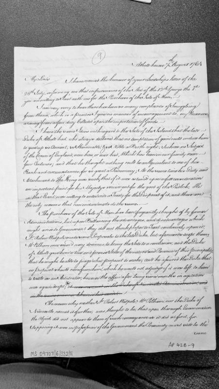 Letter regarding the proposed purchase of the Isle of Man by the Crown