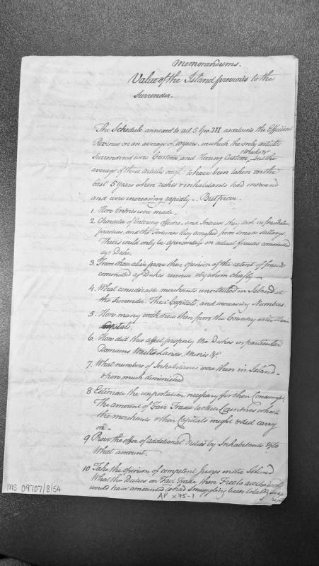 Memorandum on Isle of Man's revenue value prior to the Surrender