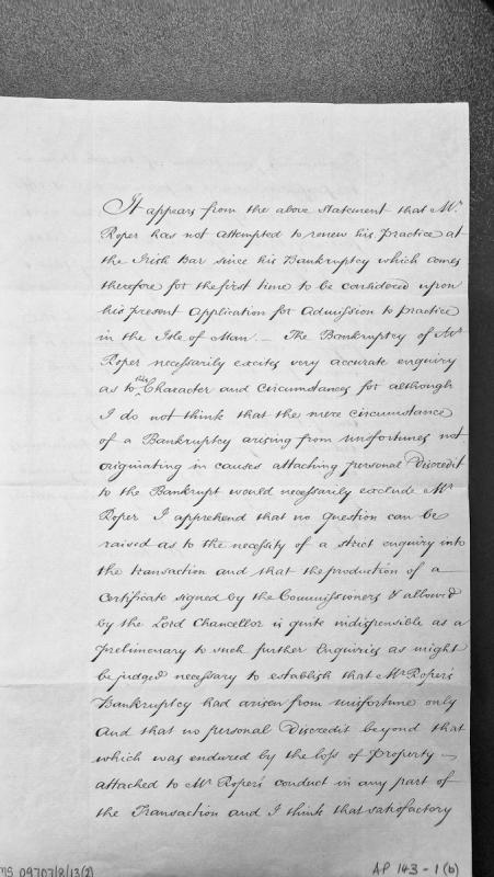 Legal opinion on Mr. Roper's application for admission to practice at the Isle of Man Bar
