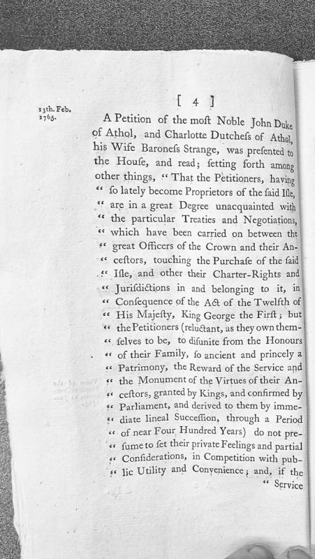 Petition of the Duke and Duchess of Athol regarding Isle of Man proprietorship