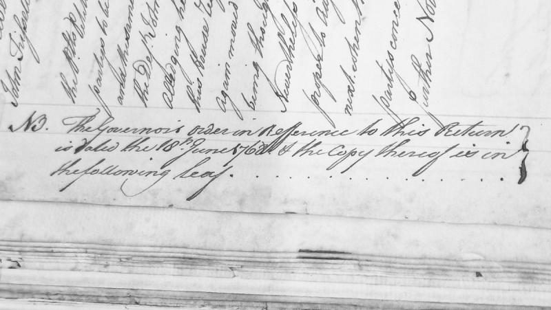 Note regarding Governor's order referencing a return dated 18th June 1761