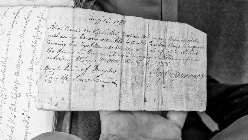 Fragmentary court presentment recording charges of insolent behaviour, cursing, and battery