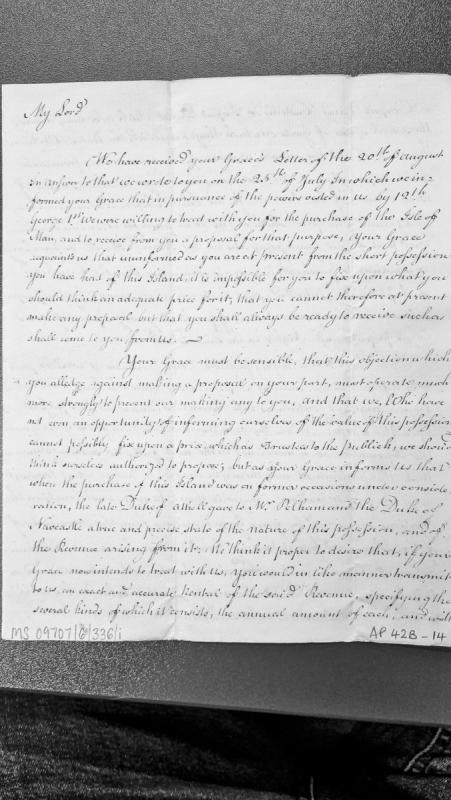 Letter regarding proposal to purchase the Isle of Man from the Duke of Atholl