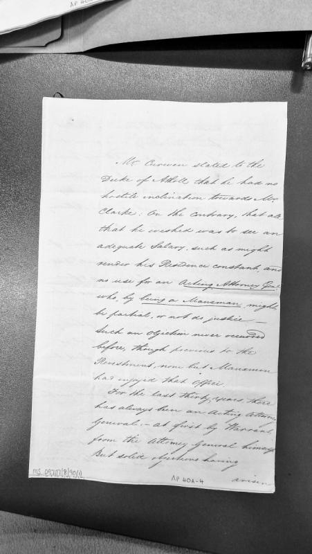 Mr. Curwen's statement to the Duke of Atholl regarding Attorney General salary and appointment