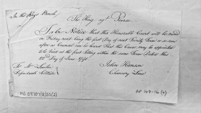 Notice of motion in King's Bench for trial appointment in Trinity Term