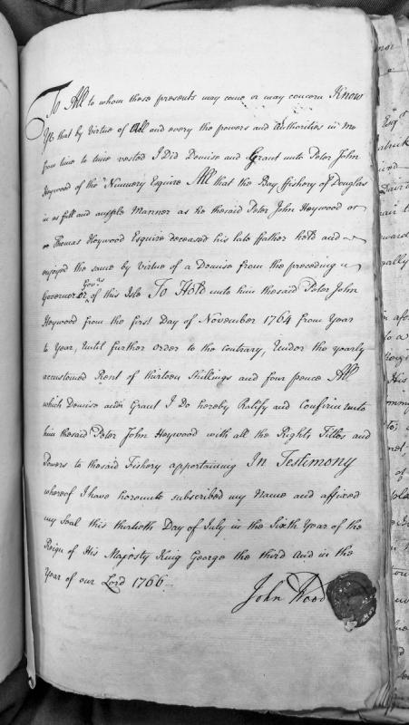 Grant of Bay Fishery of Douglas to Peter John Heywood by Governor