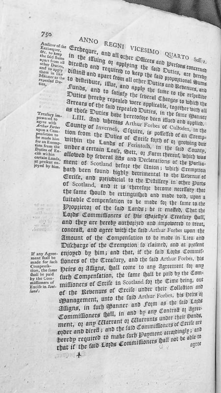 Parliamentary Act regulating Excise duties and compensation to Arthur Forbes for exemption