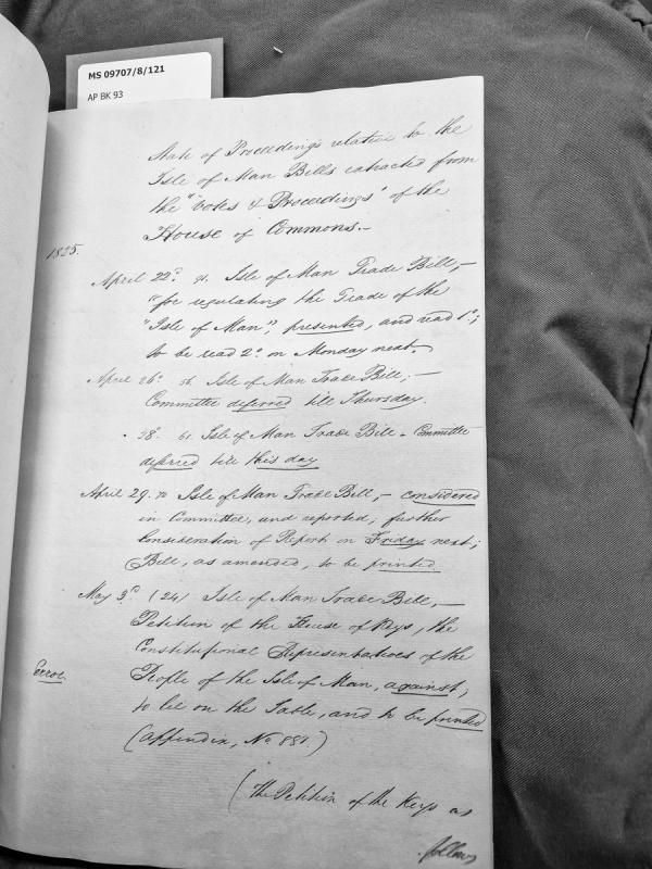 Note of proceedings on Isle of Man Trade Bill from House of Commons Votes & Proceedings, 1825