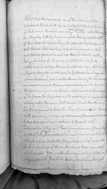 Royal Proclamation regarding John Wood's appointment as Governor of Isle of Man
