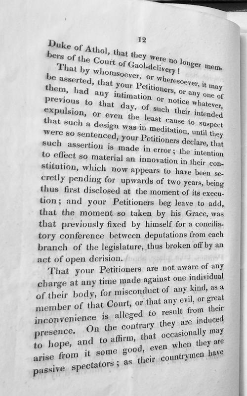 Petition regarding expulsion from Court of Gaol-delivery by Duke of Athol