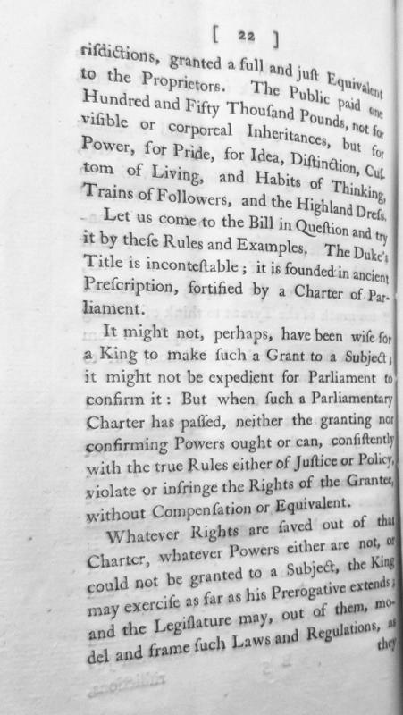 Parliamentary analysis of rights and compensation regarding a Duke's charter and legislative powers