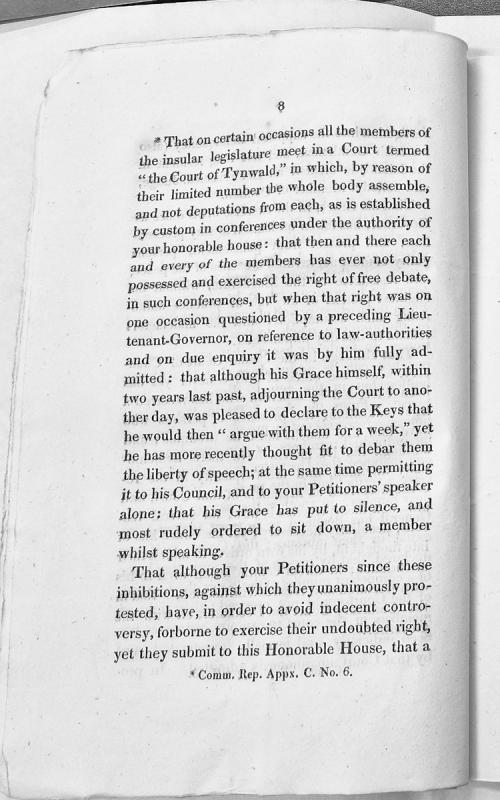 Petition regarding rights of free debate in the Court of Tynwald