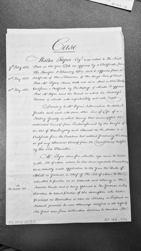 Opinion on Walter Roper Esq's admission to practice as Advocate and Attorney in Isle of Man