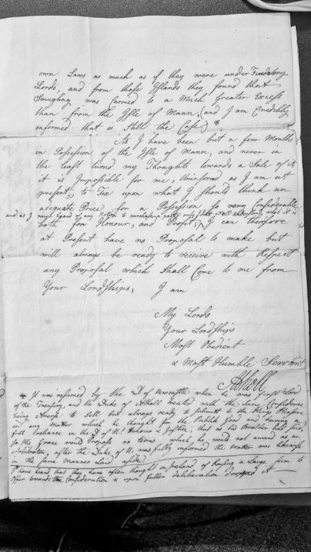 Duke of Atholl's response declining to propose a sale price for the Isle of Man