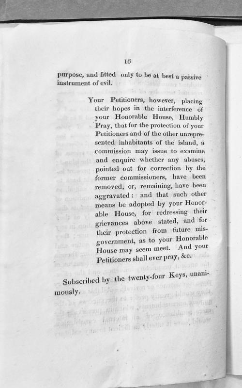 Petition by the Keys requesting commission to examine abuses and redress grievances