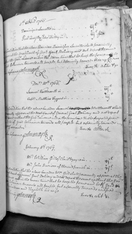 Three recognisances for appearance at Court of General Gaol Delivery, 1766-1767