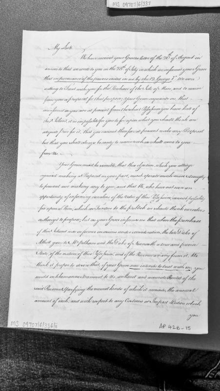 Letter regarding proposal for purchase of Isle of Man from the Duke of Atholl