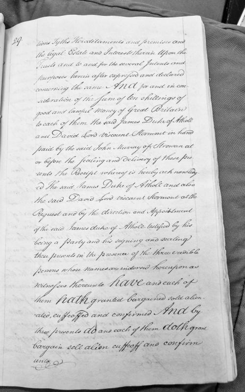 Indenture for conveyance of tythes, hereditaments and premises by Duke of Atholl and Lord Viscount Stormont to John Murray