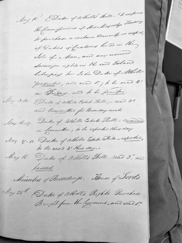 Minutes of House of Lords proceedings on Duke of Atholl's Bill concerning customs duties and rights in the Isle of Man
