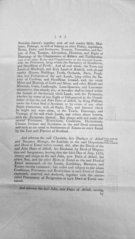 Scottish legal document regarding lands and estates of the Duke of Atholl, with entail provisions