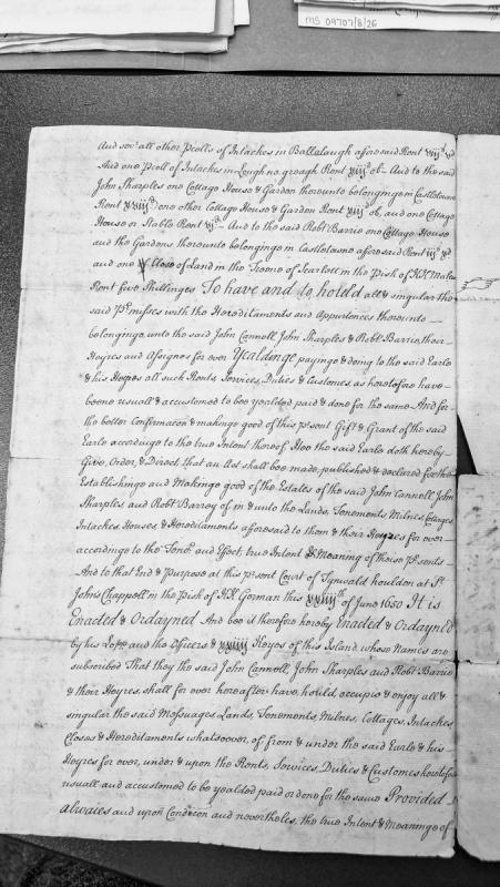 Grant of lands and properties in Isle of Man to John Cannoll, John Sharples, and Robert Barrie