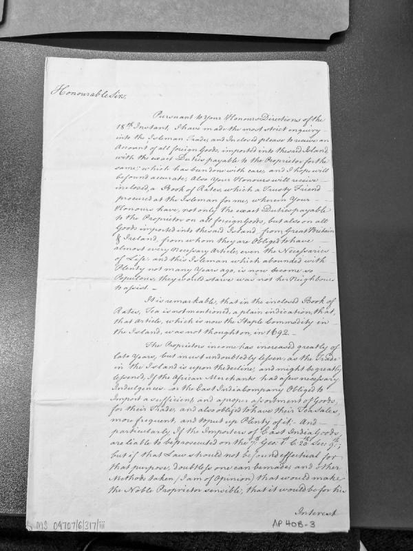 Report on Isleman trade, foreign goods duties, and revenue to proprietor