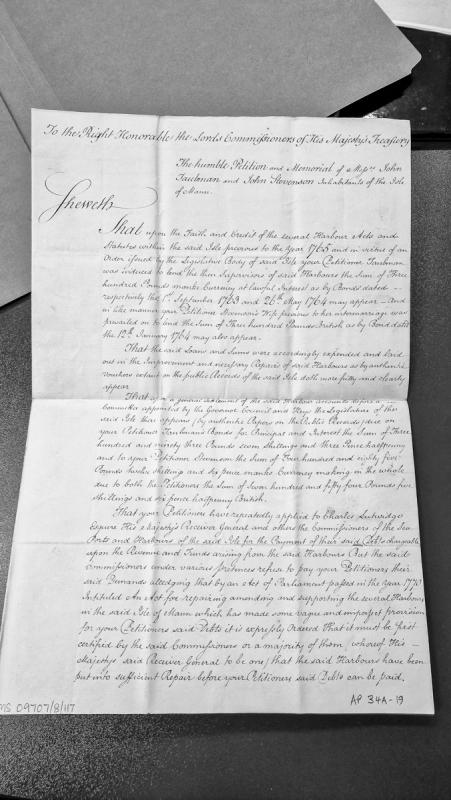 Petition to Treasury Lords for payment of harbour improvement loans, Isle of Mann