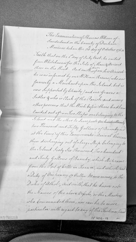 Examination of Thomas Willson regarding smuggled brandy imports to Isle of Man