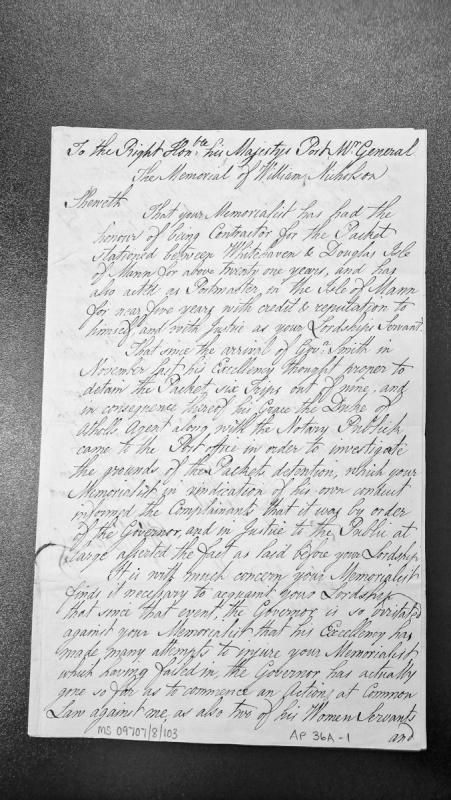 Memorial of William Nicholson regarding packet detention and Governor Smith's actions