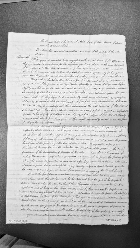Memorial of the people of Isle of Man to the Duke of Athol regarding legislative representation