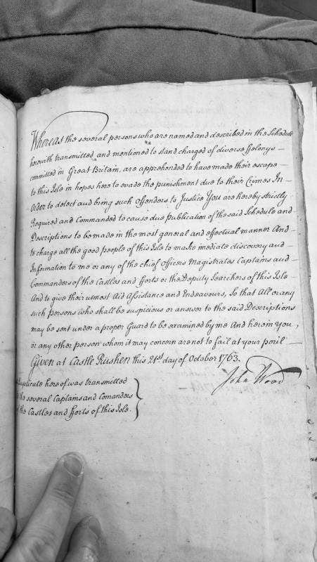 Proclamation for apprehension of felons escaped to Isle of Man from Great Britain