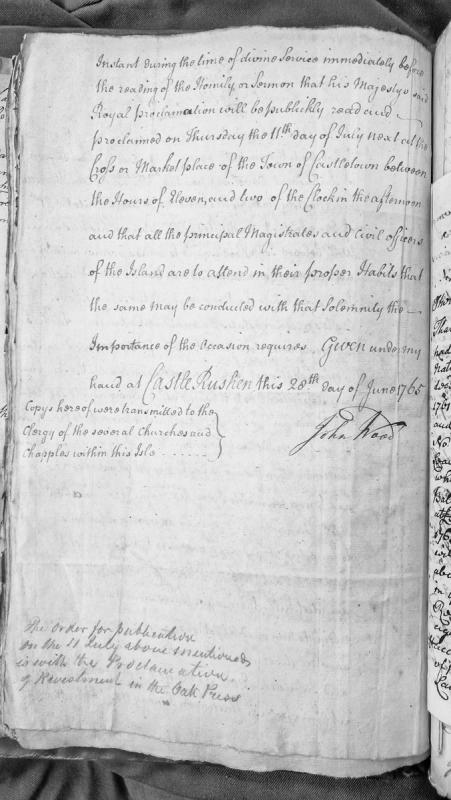 Order for public proclamation to be read at Castletown market cross on 11 July 1765