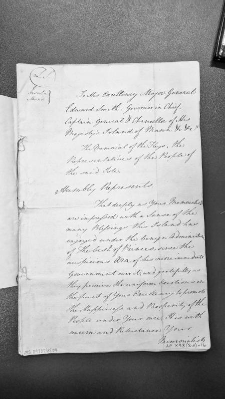 Memorial of the Keys to Governor Edward Smith regarding Island administration