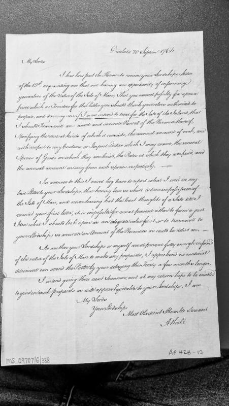 Duke of Atholl's response regarding proposed sale of Isle of Man