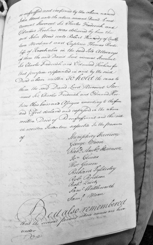 Re-enfeoffment and confirmation deed delivered to attorneys for Viscount Stormont and others
