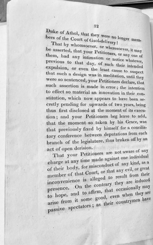 Petition regarding expulsion from Court of Gaol-delivery by Duke of Athol