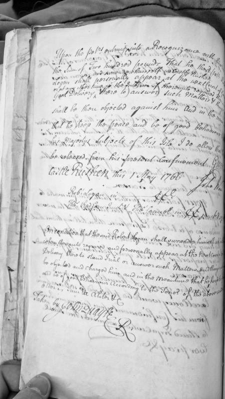 Recognisance for Robert Logan's appearance at Court of General Delivery